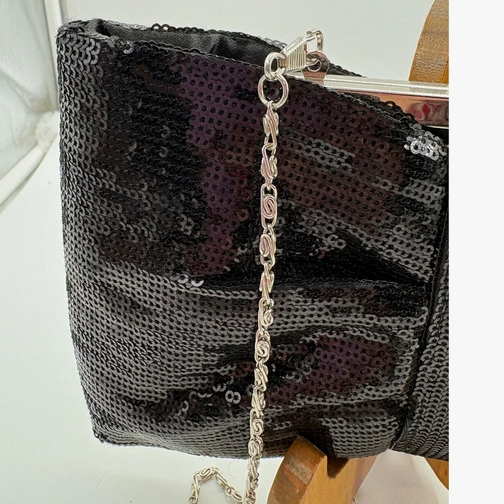 Black Sequin Bow Clutch Evening Bag Kiss Lock Frame Chain Strap Bridal Formal